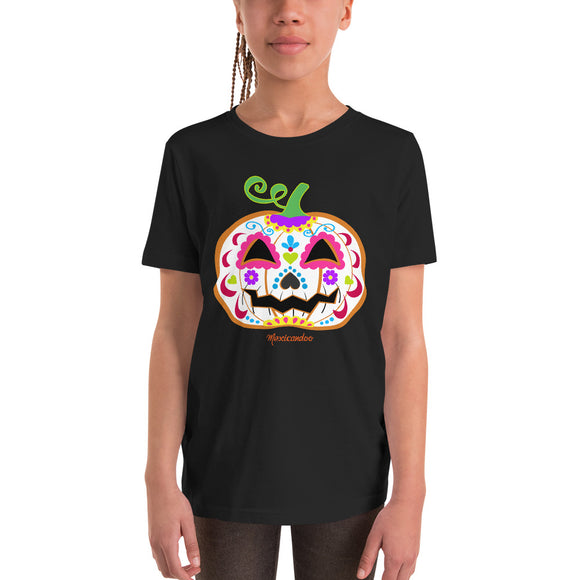 Day of the Dead (Dia de Muertos) Sugar Skull Halloween Pumpkin Youth Short Sleeve T-Shirt