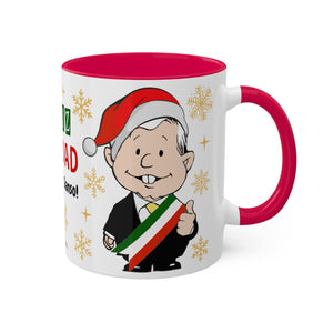 AMLO with Santa Claus Hat Feliz Navidad Colorful Mug White and Red, 11oz